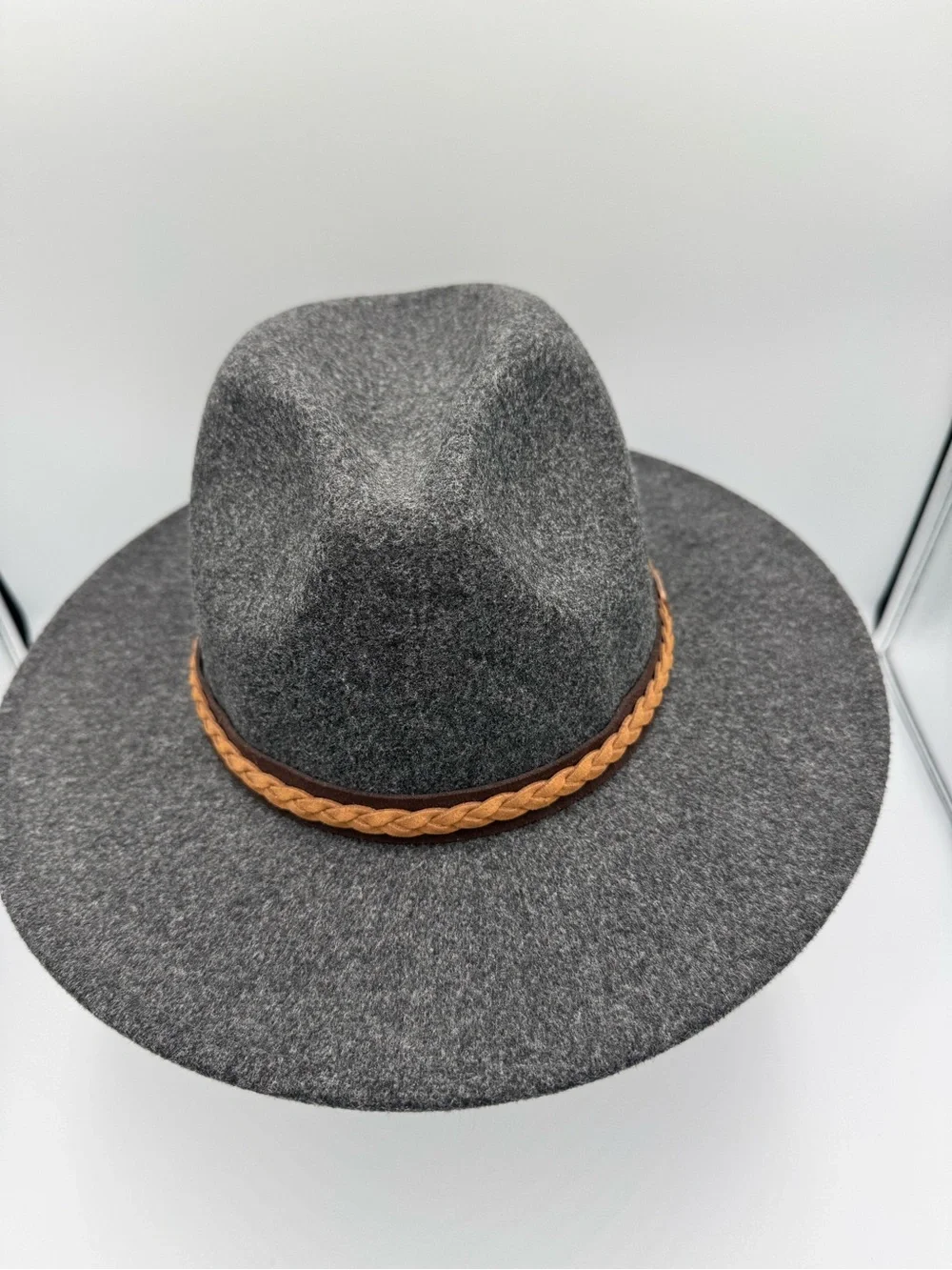 FRYE Felt Tall Crown Fedora Hat, Leather Band, Hat Size OSFM, Heather Grey